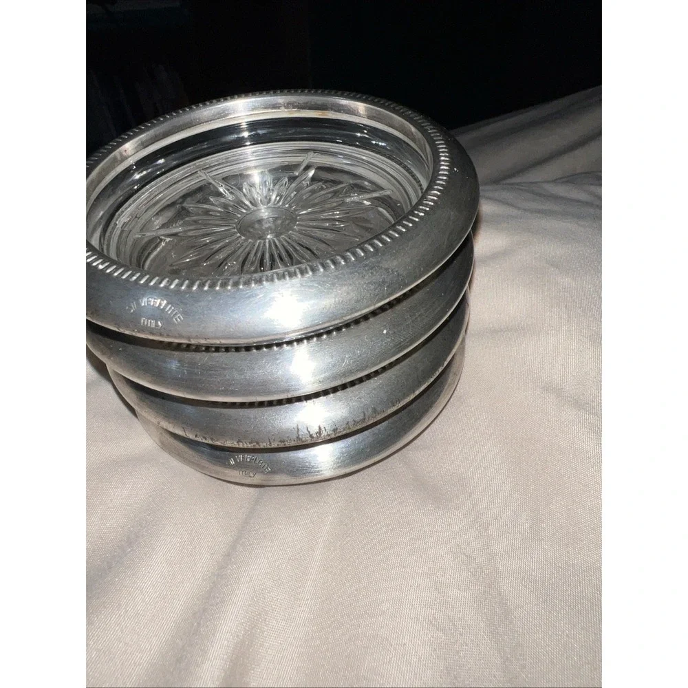 Vintage Leonard Starburst Silverplate & Glass Coasters - Set Of 4